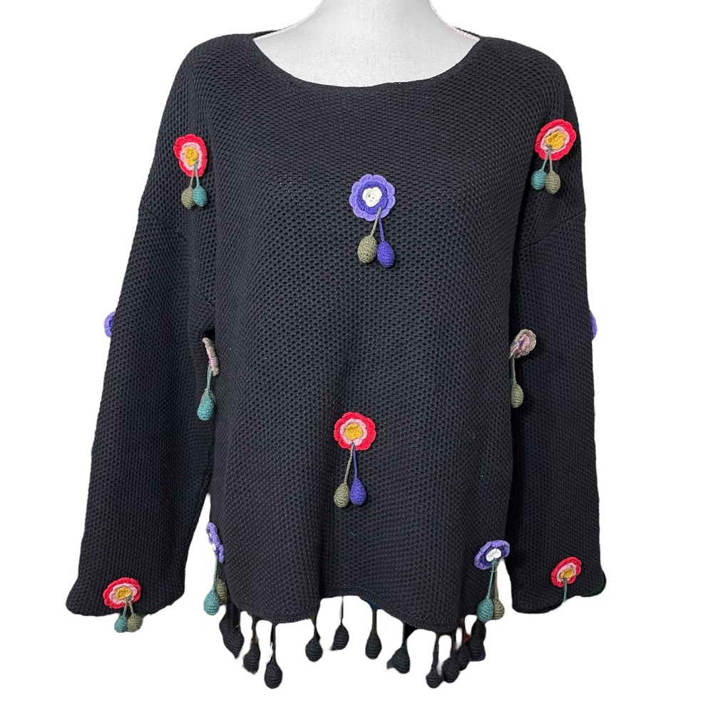 Crochet Flower Pompom Sweater M Vintage VTG Oversized Slouchy Carole Little Knit